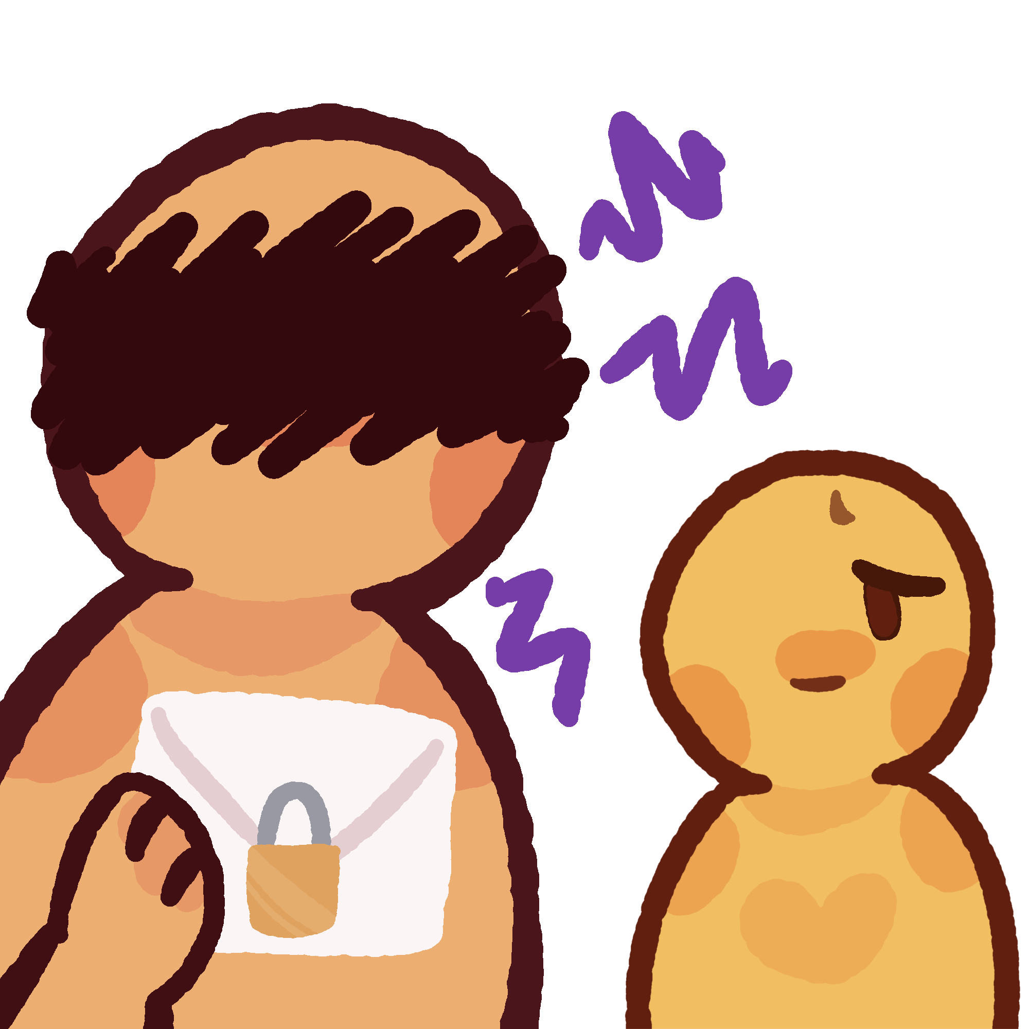 A simple person with their face scribbled out holding a letter with a lock on it. Another person, in a more yellow tone, is next to them with a worried expression. There are purple squiggles coming from the original person to appear as threatening.
